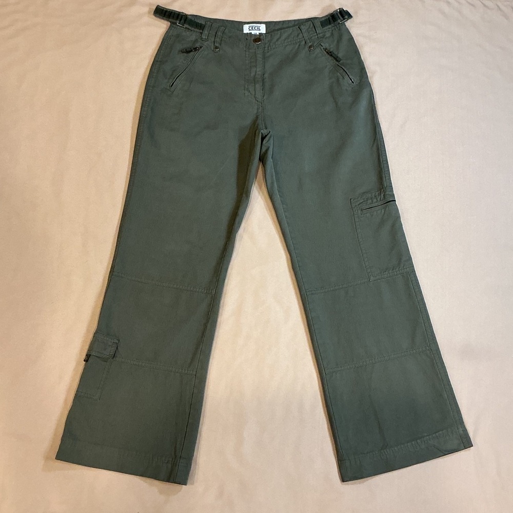 Cecil Wide Leg Pants Womens Size 28 Olive Green Cargo‎ Zip/Snap Pockets Utility